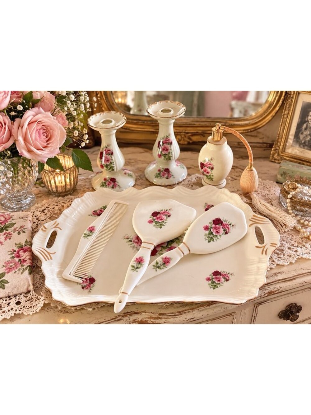 VTG Formalities Baum Vanity Set Roses Atomizer Mirror Tray Set Cottagecore